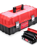 Heavy Duty Portable Three Layer Folding Tool Box With Grippy Carry Handle And Deep Trays For Jobsite Or Mechanics Gear Red Sturdy Workhorse Organizer Kit with three tiers and steel latches.
