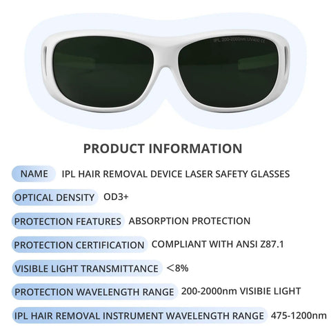 Tough IPL Laser Safety Glasses Lock In Eye Protection With Ansi Z87 Stamp And Broad 200 To 2000Nm Filter For Hair Removal And Med Spas, white frame.