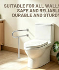 Rock Solid 32X28 Inch Brushed Nickel Toilet Grab Bar With T Shape Leg Heavy Duty 304 Stainless Steel Anti Slip Safety Rail next to a toilet.