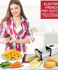 Ditch The Manual Grind With This Rock Solid Electric French Fry Cutter Packing Precision Stainless Steel Blades And Dual 1/2 Plus 3/8 Inch Cuts For Quick Home Or Restaurant Meal Prep Any Day. Woman using electric cutter with veggies.