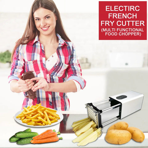 Ditch The Manual Grind With This Rock Solid Electric French Fry Cutter Packing Precision Stainless Steel Blades And Dual 1/2 Plus 3/8 Inch Cuts For Quick Home Or Restaurant Meal Prep Any Day. Woman using electric cutter with veggies.