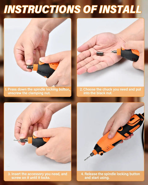 Instructions for installing bits on Professional Corded Rotary Tool Kit With Flex Shaft And Six Variable Speeds For Engraving Carving And Detail Work 180 Watt Motor.