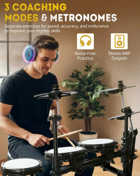 Man playing Kickass Electronic Drum Set With Dual Zone Triggering And Three Smart Coaching Modes Type C Charging USB MIDI in a room.