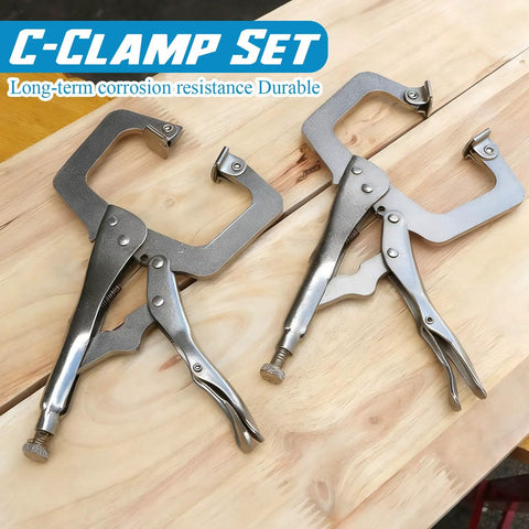 Heavy Duty Locking C Clamp Set Ten Pieces Six Inch Vise Grip Welding Clamps With Swivel Pads on wooden surface