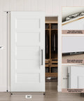 Premium 36X84 Inch 5 Panel Concealed Sliding Barn Door With Hassle Free Smooth Glide Track And Slam Free Soft Close Hardware Ready To Paint White Primed Solid Core Room Divider For Every Home Remodel with measurements and features.