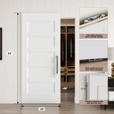 Premium 36X84 Inch 5 Panel Concealed Sliding Barn Door With Hassle Free Smooth Glide Track And Slam Free Soft Close Hardware Ready To Paint White Primed Solid Core Room Divider For Every Home Remodel with measurements and features.