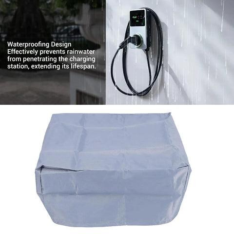 Heavy Duty Kickass Weatherproof Electric Vehicle Charger Cover Shields Wall Mounted Charging Station from Drenched Rain Snow and Harsh Sunlight Outside Grey Polyester Build, shown with rain.