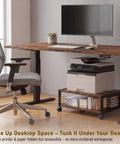 Straight Up Slick 2 Tier Printer Stand Under Desk With Easy Glide Wheels And Open Lower Shelf For A4 Paper Storage Brown Desktop Organizer in home office setting with printer and paper storage.