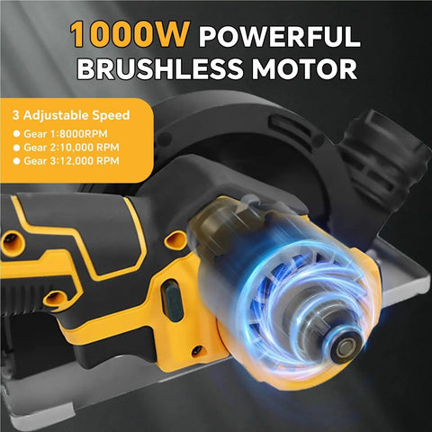 Rugged Little Beast Cordless Circular Saw Coupled With Mini Angle Grinder Featuring Variable Speed Dials showcasing 1000W brushless motor and adjustable speeds.