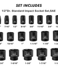 19 Piece 1/2 Inch Drive Impact Socket Set SAE Shallow Range 3/8 To 1-1/2 Inch Cr-Mo Alloy Steel Radius Corner Design Gear