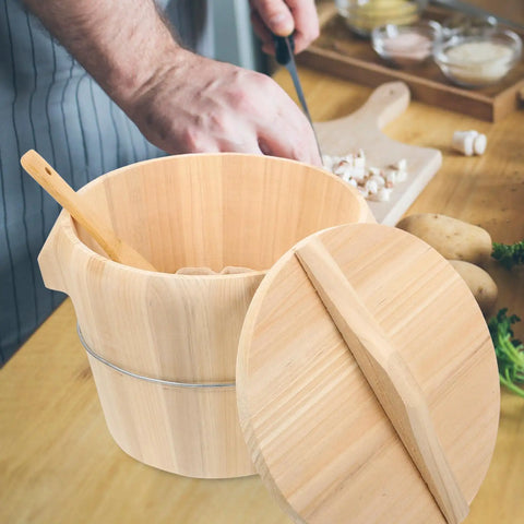 Premium Wooden Rice Steamer Bucket With Secure Flat Lid And Detachable Base For Snappy Cooking And Zero Fuss Cleanup A Real Game Changer For Fluffy Everyday Grains And Family Suppers on kitchen counter with vegetables.