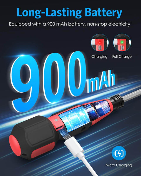 Cordless Power Screwdriver Kit With USB Cable And LED Lights showcasing 900mAh battery capacity and micro USB charging features