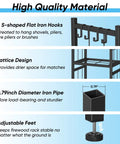 Two Tier Indoor And Outdoor Firewood Rack with 4 hooks, lattice design, 0.79-inch iron pipe, adjustable feet in sleek black finish