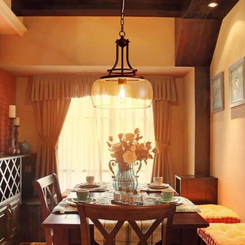 Rustic Farmhouse Industrial Round Ceiling Pendant Light With Clear Glass Shades, hanging over dining table, warm ambience