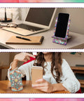 Top: 4 Pack Large Mandala Diamond Painting Phone Stand Kit 5.5 Inch DIY Full Drill Crystal Diamond Art Phone Holder on desk; Bottom: Woman using phone stand