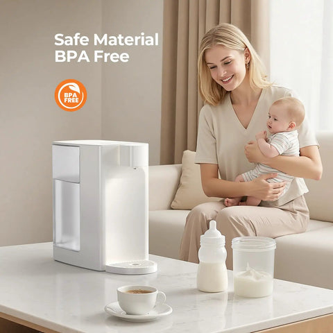 Instant Hot Water Dispenser For Quick Pouring And Fast Boil With 3 Temp Settings And 5 Water Volume Levels Removable Eight Tenths Gallon Tank BPA Free Perfect For Tea Coffee Ramen And More shown on kitchen counter next to mother and child.
