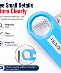 Automatic Needle Threader Tool With Built In Magnifier And Scale For Quick Sewing, Quilting, Embroidery And DIY Projects, No Fuss Threading In Seconds, Red; blue close-up with inch scale