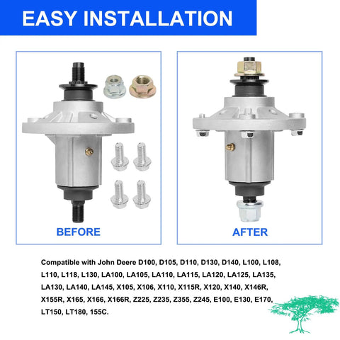 Top Tier Spindle Assembly For Riding Lawn Mowers Replaces GY20454 GY20962 Pre Greased Build with accessories before and after images.