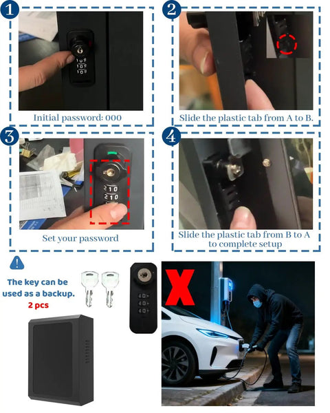 Top Shelf Outdoor EV Charger Pedestal With Keypad Lock For Tesla Model Y, setup steps shown with lock and keys.