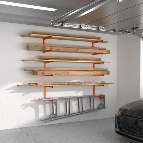 Heavy Duty 6 Tier Wall Mount Lumber Storage Rack Badass Steel Wood Rack with wooden planks in a garage setting.