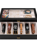 Premium Two Tier Black Belt Organizer With Spacious Drawer For Bedroom Closets, displaying belts and accessories neatly arranged.