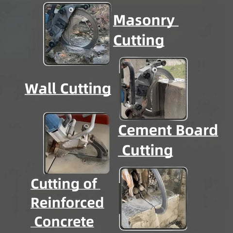 Heavy Duty Brushless Electric Circular Saw Boasts Raw Power For Cutting Concrete And Stone Walls With A Beast Mode 8800W Motor Running At 3000 Rpm While Silencing Dust And Comes Prepped With A Built In Water Pump Plus Two Diamond Blades Included showing various cutting applications.