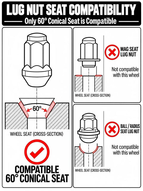 Lug Nut Seat Compatibility guide showing 60° conical seat suitability for Hella Tough Heavy Duty M14x1.5 Black Spline Lug Nuts.