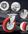 8 Inch Heavy Duty Industrial Caster Wheels Set Of 4 With Dual Ball Bearings Solid Polyurethane Wheels 6000 LB Capacity Plate Swivel Casters