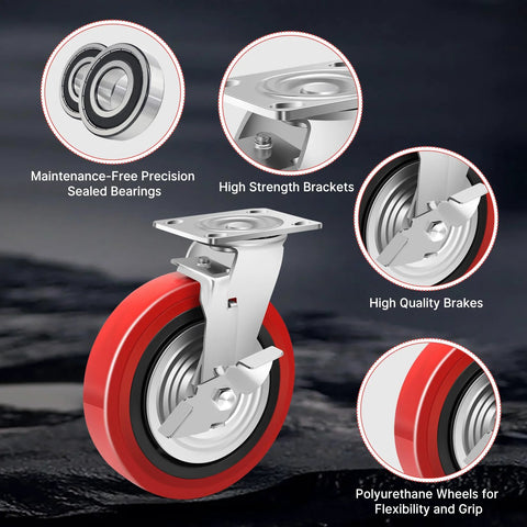 8 Inch Heavy Duty Industrial Caster Wheels Set Of 4 With Dual Ball Bearings Solid Polyurethane Wheels 6000 LB Capacity Plate Swivel Casters