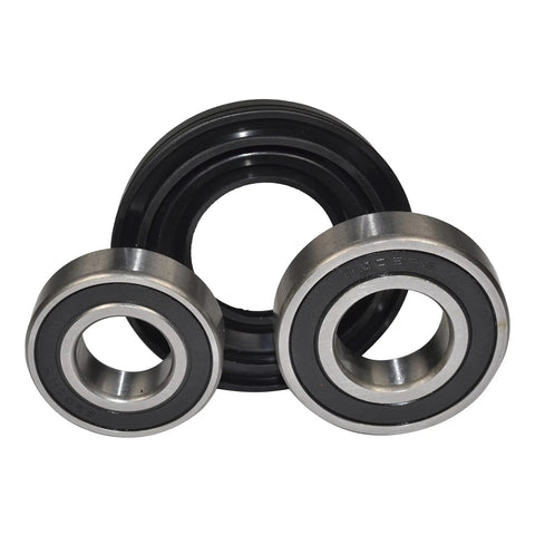 Front Load Washer Drive Bearings And Greaseproof Drum Seal Kit Slips Right Into Whirlpool Duet Sport Models, featuring two bearings and a seal.