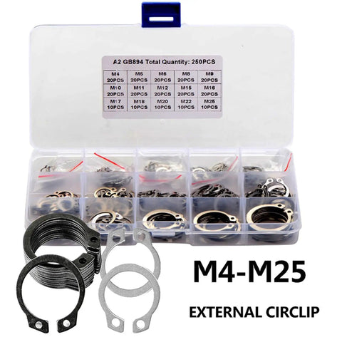 Heavy Duty External Circlip Set Workhorse 250 To 300 Pieces C Type Snap Ring Assortment Kit M4 To M25 Stainless Steel in box