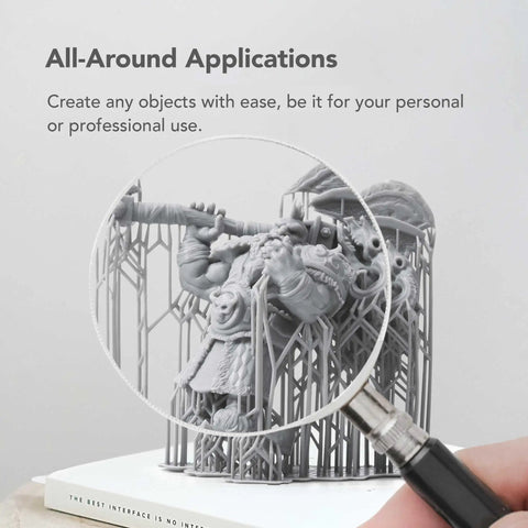 Top Shelf Abs Look Matte Gray Resin For 3D Printers Featuring Fast Uv Curing Photopolymer Zero Hassle For Everyday Modeling And Prototyping Low Odor Tough As Nails One Kg Bottle, detailed figurine under magnifying glass.