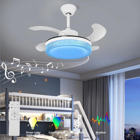 36 Inch Smart Retractable Ceiling Fan With Bluetooth Speaker For Kids Room Kid Friendly RGB Color Changing Crystal Fandelier in bedroom