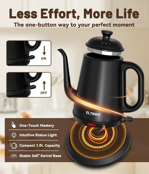 Gooseneck Electric Kettle For Epic Pour Over Coffee And Tea, 1L Stainless Steel Boiler, 1000W Fast Heat, Auto Shut Off, Sleek Black