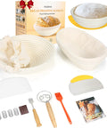 Banneton Bread Proofing Basket Set With Liners, 9 Inch Round And 10 Inch Oval Sourdough Kit, tools, and packaging shown.
