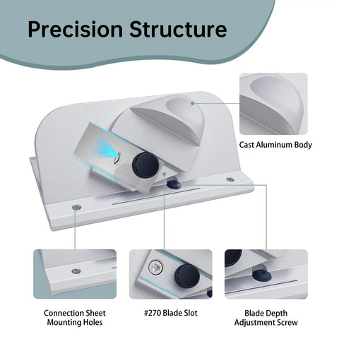 Slick Retractable Mat Cutter Featuring Drop Dead Easy Depth Knob And Hella Sharp 45 Degree Bevel Blade For Hassle Free Framing Custom Artwork And Picture Frame Mats Up To Eight Ply showing precision structure with cast aluminum body and adjustment features.