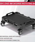 Base of 3 In 1 Rolling Tool Box On Wheels With Stackable Modular Organizer System, showcasing 360-degree rotating casters.
