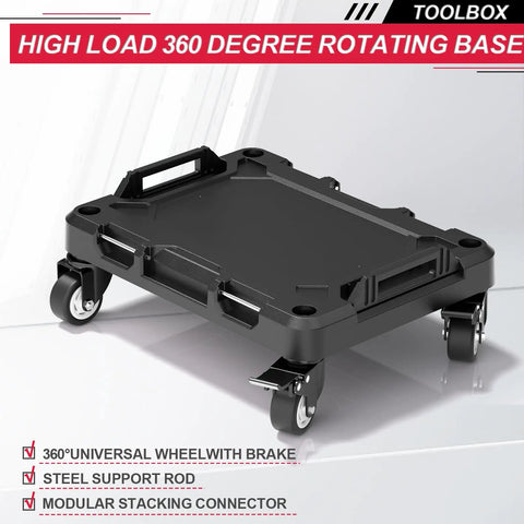 Base of 3 In 1 Rolling Tool Box On Wheels With Stackable Modular Organizer System, showcasing 360-degree rotating casters.