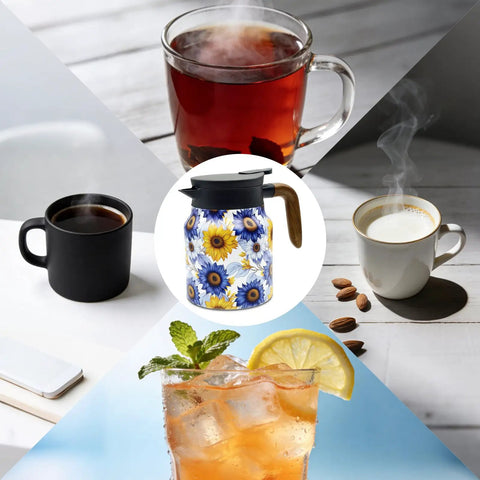 Sunflower Floral 35 Ounce Tea Pot With Infuser Insulated Stainless Steel Kettle for Loose Leaf Tea Big Capacity in center with beverages.