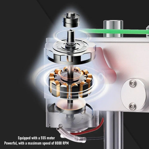 Inside view of the Cool Compact Mini Drill Press Machine with 555 motor, showing motor components and rotation action.