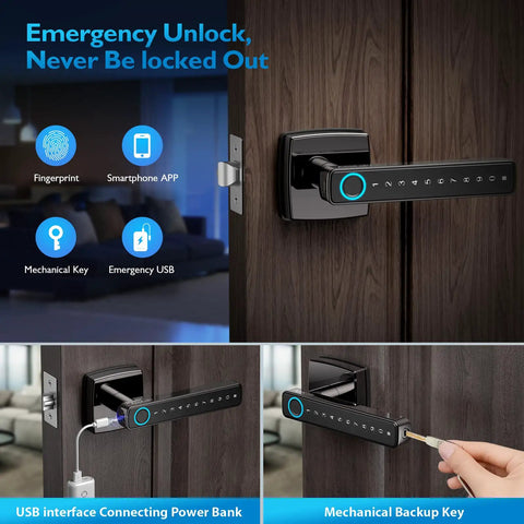 Fingerprint Door Lock with Keyless Entry, Bluetooth Smart Lock, touchscreen keypad with reversible handle and USB interface.