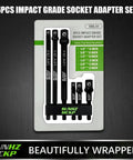 6 Piece Beefy Heavy Duty Impact Socket Adapter Set For Drill And Impact Wrench With 3 Inch And 6 Inch Hex Shank Extensions One Quarter Inch Three Eighths Inch One Half Inch Drive Adapters Holder Included packaged set