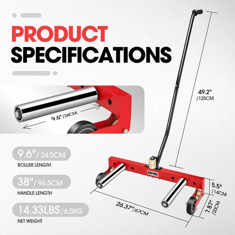 Heavy Duty Tire Wheel Dolly Adjustable Steel Roller Cart With Rock Solid 330 Lb Load Capacity dimensions showing roller length and handle specifications.