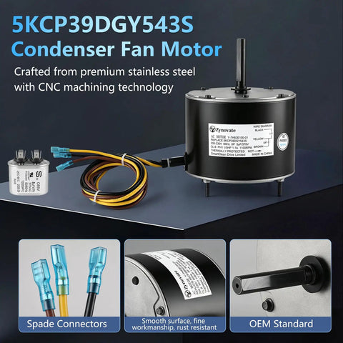 Top Notch Replacement Condenser Fan Motor 1/5 HP 1100 RPM 208-230V Copper Core Winding with spade connectors and smooth surface.