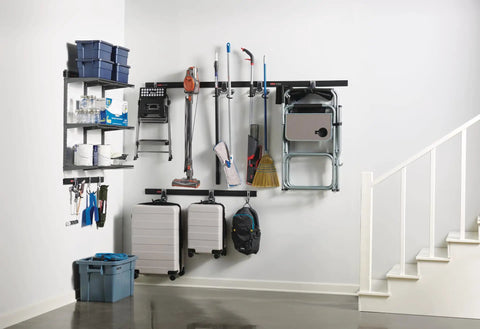 Hella Sturdy Garage Wall Storage Rack With Heavy Duty Steel Shelves And Modular Rails For Workshop Home Organization Super Quick Install, features tools and bins.