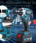 No Strings Attached Cordless Rivet Nut Gun Set With Built In LED Light And Beefy 26 Volt Battery for M3 Through M12 showing LED light and quick change design.