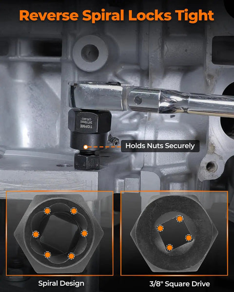 Reverse spiral lock design of Killer Grip Bolt Extractor Kit And Stripped Screw Removal Set With Multi Spline Bits deep socket gear.
