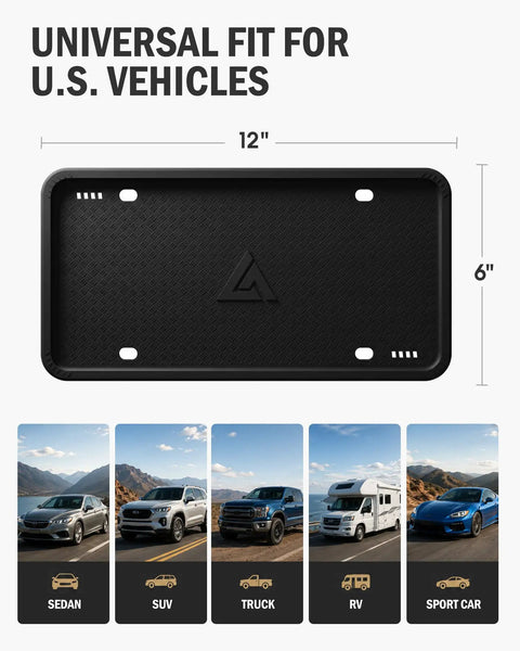 Heavy Duty Silicone License Plate Frame Set In Matte Black Fits Every US Ride, measures 12x6 inches, versatile for all U.S. vehicles.