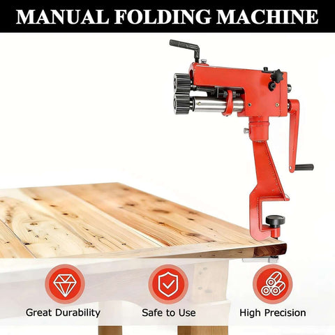 Manual folding machine clamped on bench showcasing durability and precision features