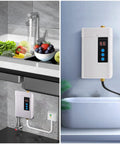 Under Sink Tankless Electric Water Heater 110V 3000W On Demand Instant Hot Water For Kitchen And Bathroom, Adjustable Temperature 28 To 55 C, Safe Fast Heating, Compact White Unit next to kitchen sink and bathtub setup.